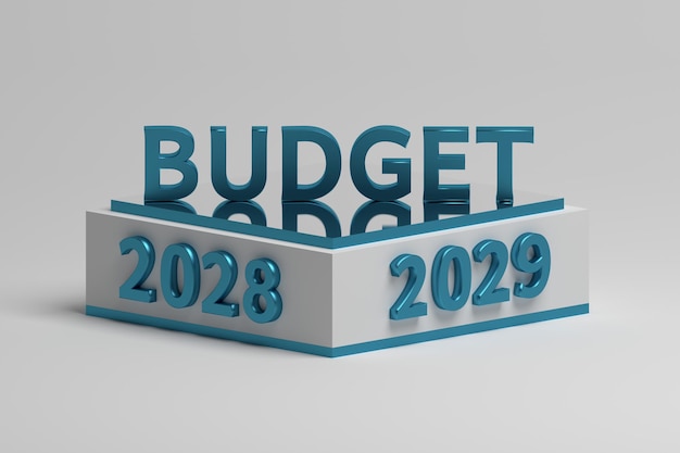 Bussiness financial planning illustration with pedestal large budget word and year 2028 and 2029 numbers