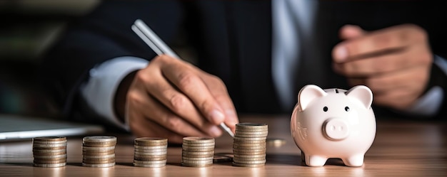 Bussiness man putting coins into pile saving money concept wide banner