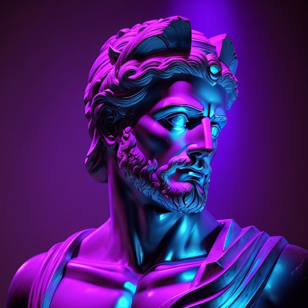 A bust of hercules sits on a table with a blue light behind it