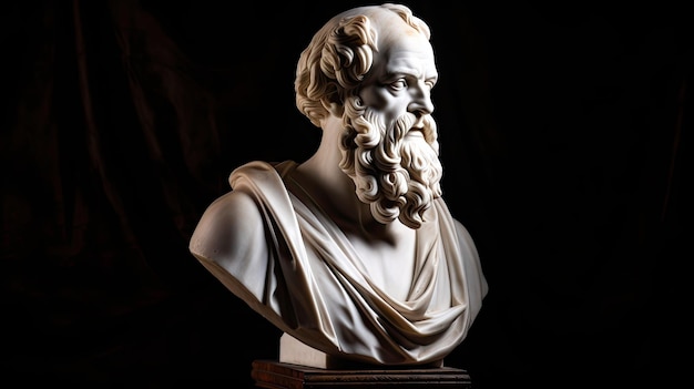 A bust of a man with a beard and a beard is in a dark room.