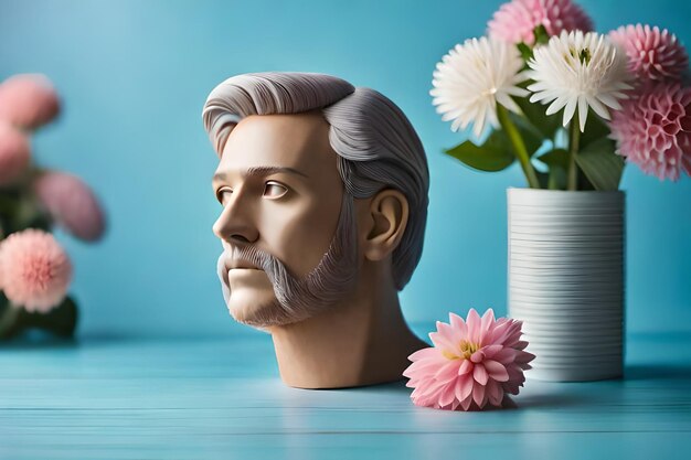 A bust of a man with flowers in the background