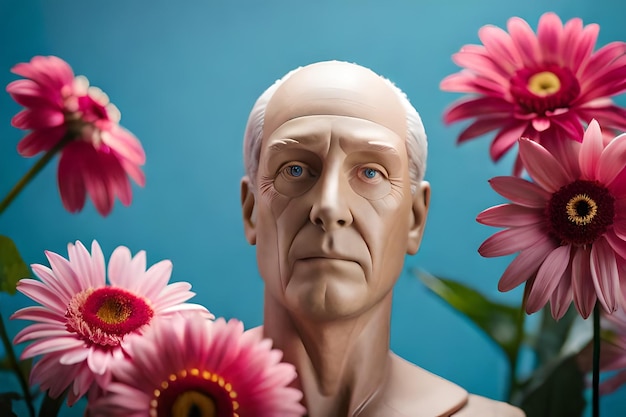 A bust of a man with flowers in the background