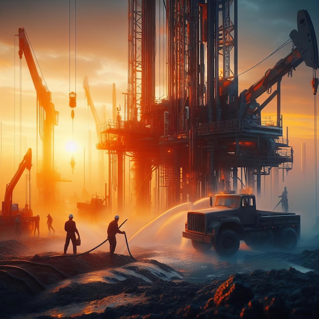 Bustling activity of a construction site at sunrise or sunset with workers cranes and machinery