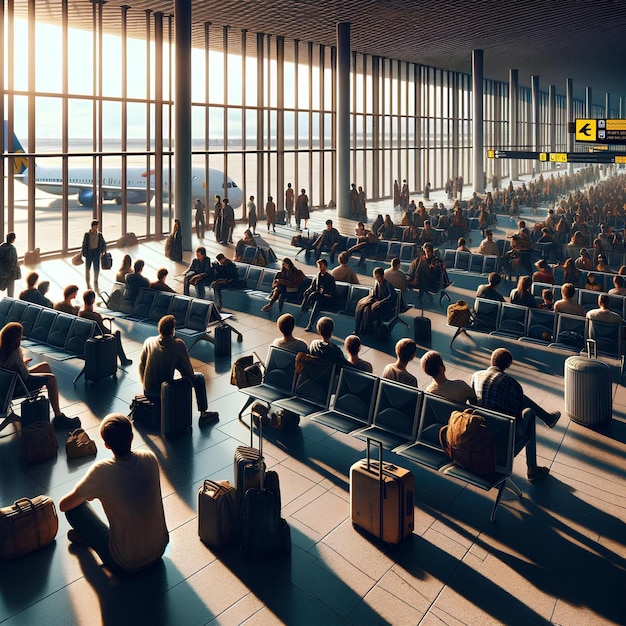 Bustling Airport Waiting Area with Sunlight