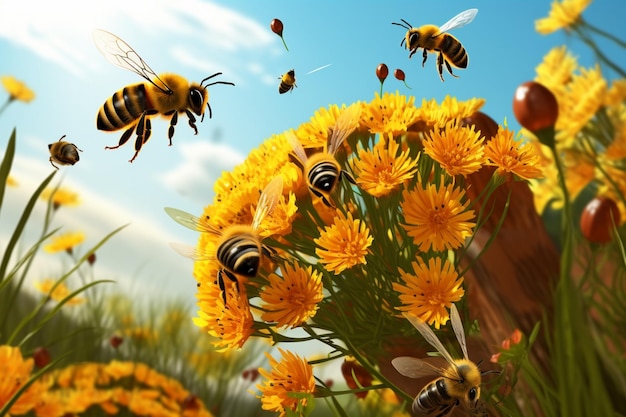Шумные пчелы и насекомые в воздушном пространстве сходятся друг с другом, оживляя окрестности ульев.