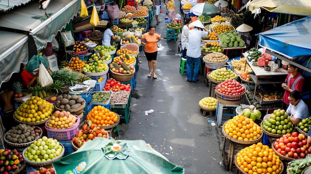 Photo a bustling asian market is full of colorful fruits and vegetables