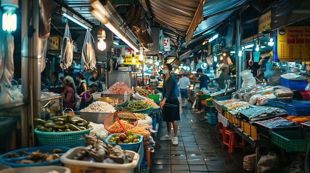 A bustling Asian market is full of people buying and selling fresh seafood meat and produce The market is lit by bright lights