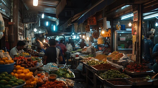 A bustling Asian market at night The market is full of people buying and selling all sorts of goods