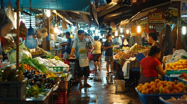 A bustling Asian market with people selling and buying fresh produce meat and fish and other goods