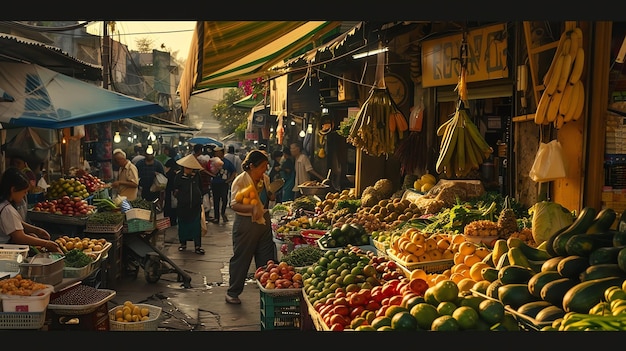 Photo a bustling asian market with a variety of fresh fruits and vegetables for sale there are many people shopping and the market is very crowded