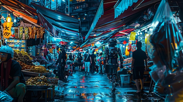 Photo a bustling asian night market with people wearing futuristic clothing