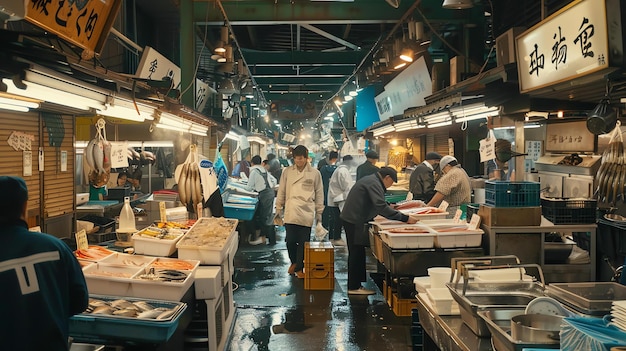 魚の市場の囲気はこの鮮やかな画像に描かれています市場は新鮮な海鮮を買い売る人々で満ちています