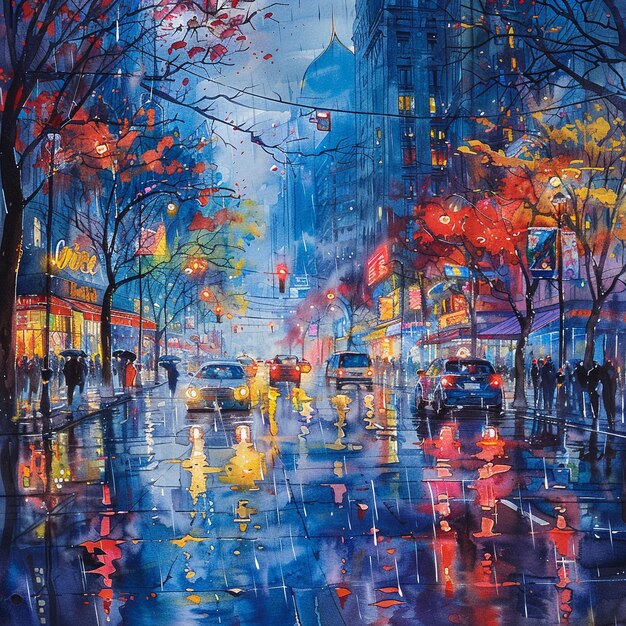 Bustling avenue in rain painted with vibrant flowing watercolors