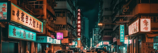 A bustling avenue with neon lights and tall building Horizontal banner AI generated