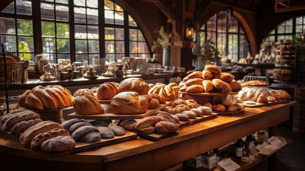 A bustling bakery overflowing with a diverse array of freshly baked bread loaves and rolls