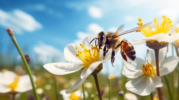 A bustling bee pollinating a vibrant healthy flower ai generated