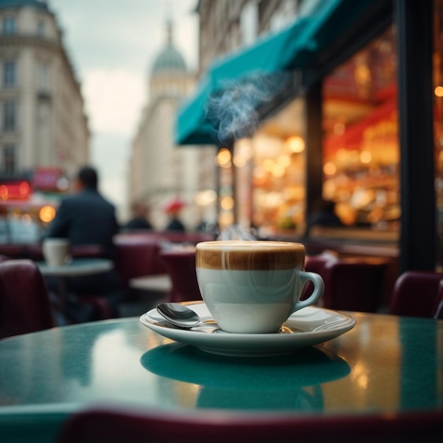 A bustling caf in the heart of the city with a steaming cup of coffee