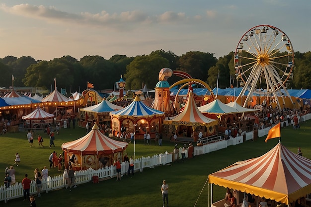 Bustling Carnival Rides and Attractions on GrassBustling Carnival Rides and Attractions on GrassBustling Carnival Rides and Attractions on Grass