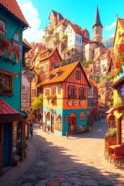 A bustling cartoon village with colorful buildings and winding cobblestone streets aigenerated