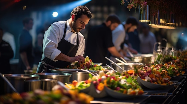 A bustling catering event with chefs preparing exquisite dishes in an open kitchen