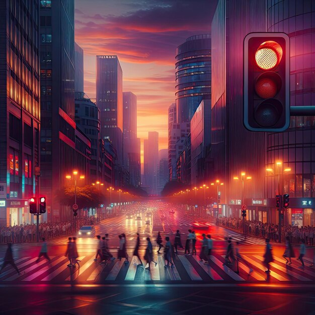 A bustling city intersection at dusk in hues of orange and purple