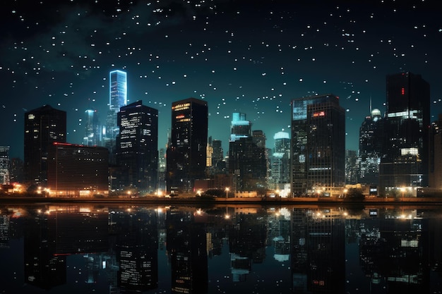 밤에는 활기찬 도시, 매혹적인 별빛 하늘에 싸인 밤의 도시 풍경, 오피스 빌딩의 불빛과 함께 AI 생성