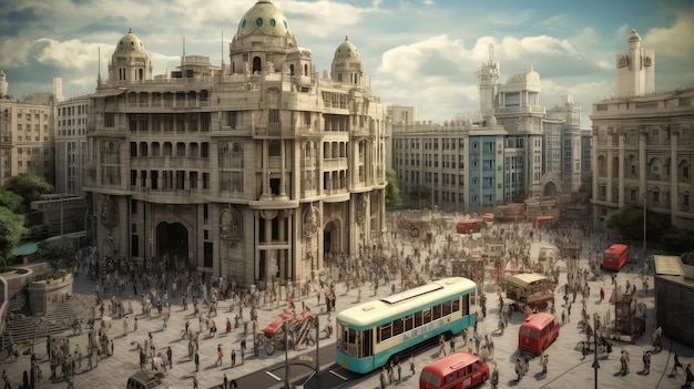 A bustling city square photo realistic illustration