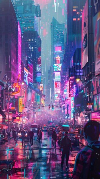 A bustling city street glowing with colorful neon lights creating a vibrant and chaotic scene filled with energy and excitement