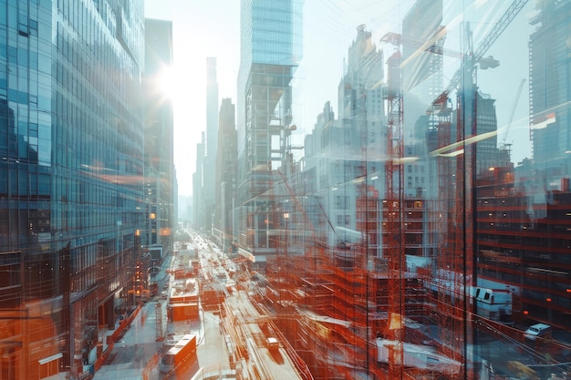 Bustling City Street Lined With Towering Skyscrapers A double exposure view of future buildingsa 3D model and actual construction site AI Generated