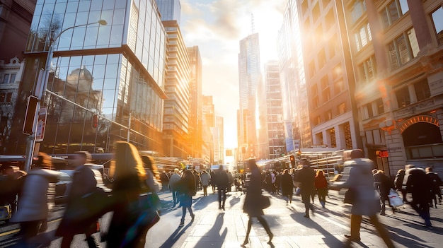 Photo bustling city street at sunset with pedestrians crossing