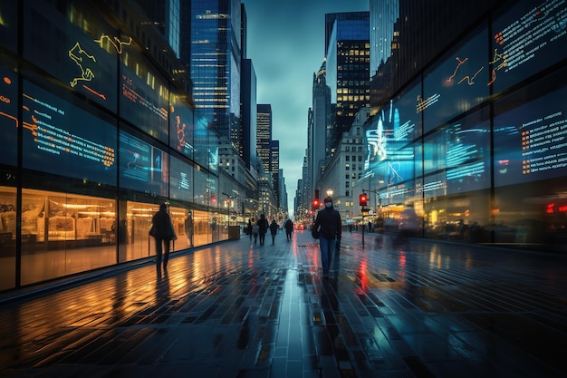 A bustling city street at twilight reflects the glow of stock market quotes displayed on a glass building creating a vibrant tapestry of lights and urban life