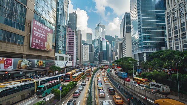 A bustling city street with skyscrapers buses cars and people crossing the road