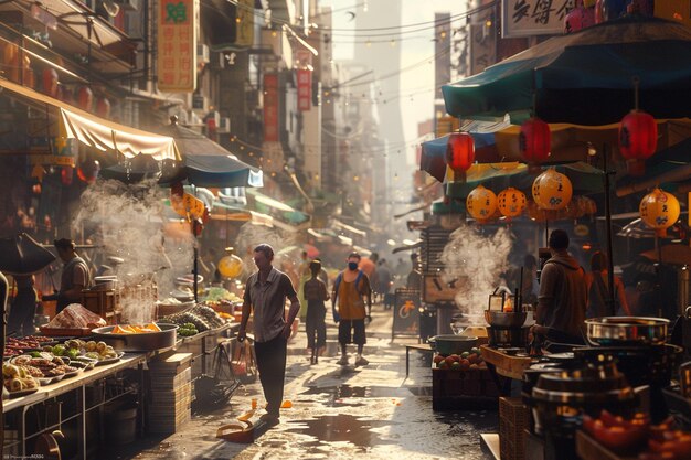 A bustling city street with vendors selling street