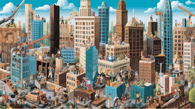 A bustling cityscape depicting workers engaged in various occupations highlighting the spirit of de