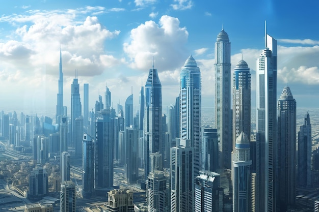 街のスカイラインは様々な建築様式の多数の高層ビルで満たされた活気のある都市風景です 革命的な高層ビルデザインを展示する都市スカイライトは AI が作成しました