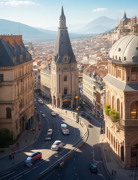 A bustling cityscape of winding roads and majestic architecture