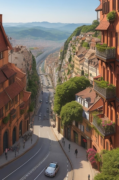 A bustling cityscape of winding roads and majestic architecture