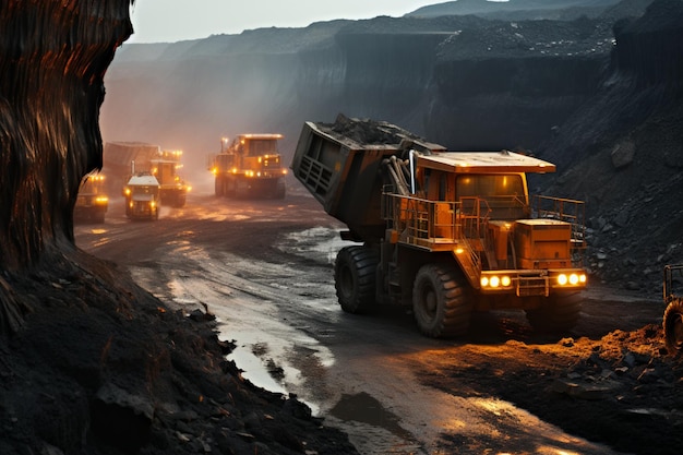 Bustling coal mine Heavy trucks excavators define landscape of active mining industry