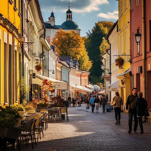 Bustling cobblestone street in Vilnius' Old Town adorned with colorful flags