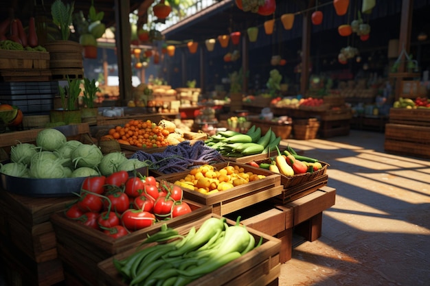 A bustling and colorful food market with a diverse 00005 00