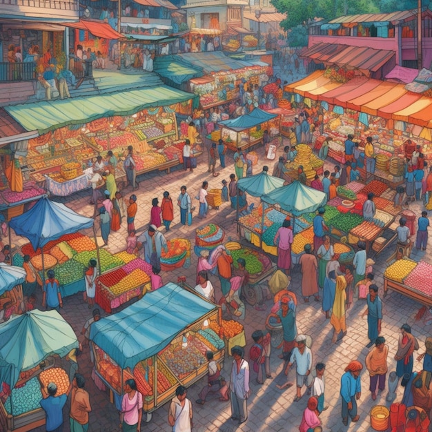 Шумный и красочный рынок, заполненный продавцами и покупателями