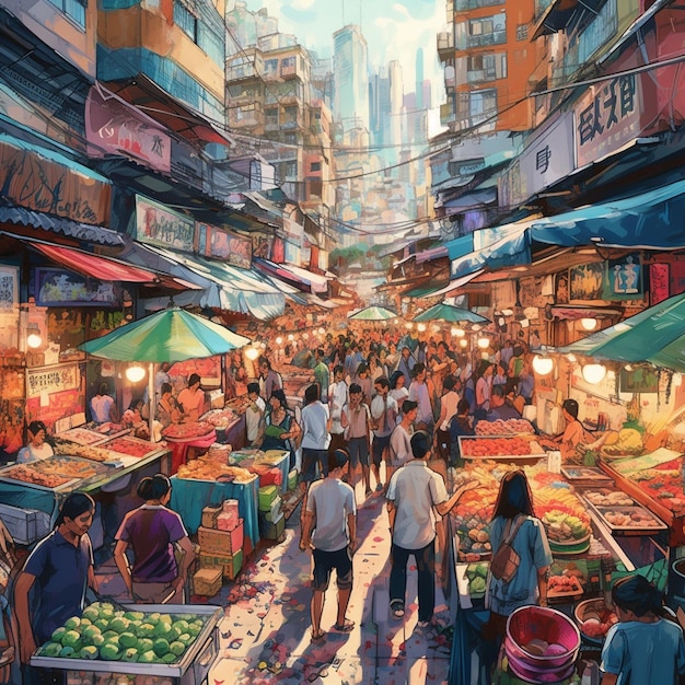 Шумный и красочный рынок, заполненный продавцами и покупателями