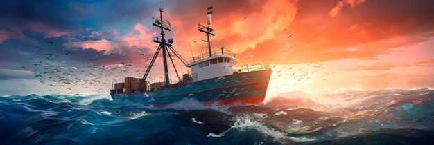 Bustling commercial fishing trawler at sea with nets full of fish being hauled aboard generative ai