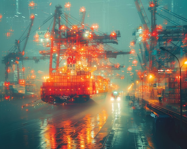 Photo bustling commercial port with cargo ships and cranes