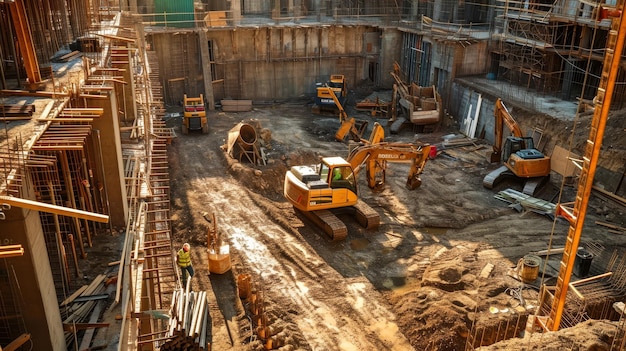 A bustling construction site with heavy machinery tools and construction workers illustrating the world of building and development AI generated illustration