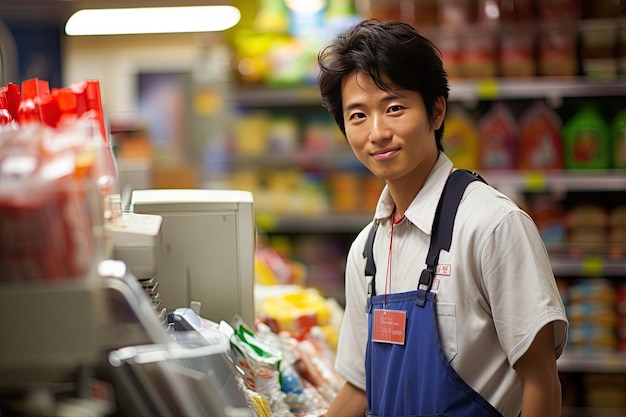 Bustling convenience store employees efficiently manage shelves assist customers and handle transactions