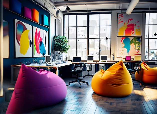 A bustling creative agency with vibrant artwork bean bags and collaborative workspaces