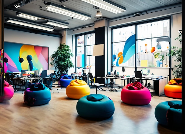 A bustling creative agency with vibrant artwork bean bags and collaborative workspaces