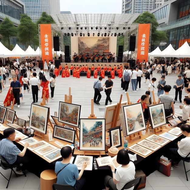 Foto in un vivace festival culturale gli artisti hanno allestito stand per mostrare i loro dipinti in stile cinese a