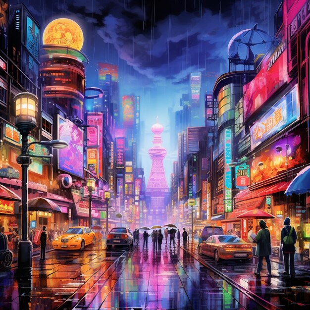 Bustling Cyberpunk Cityscape in the Rain